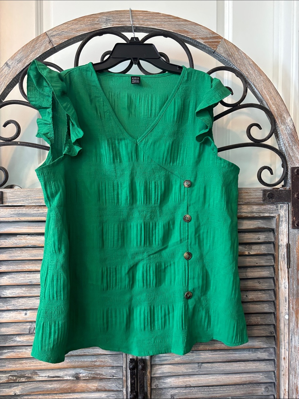 Green Ruffled Sleeve V-Neck Women's Top